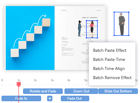 Batch management on effects timing within PDF to flipbook software